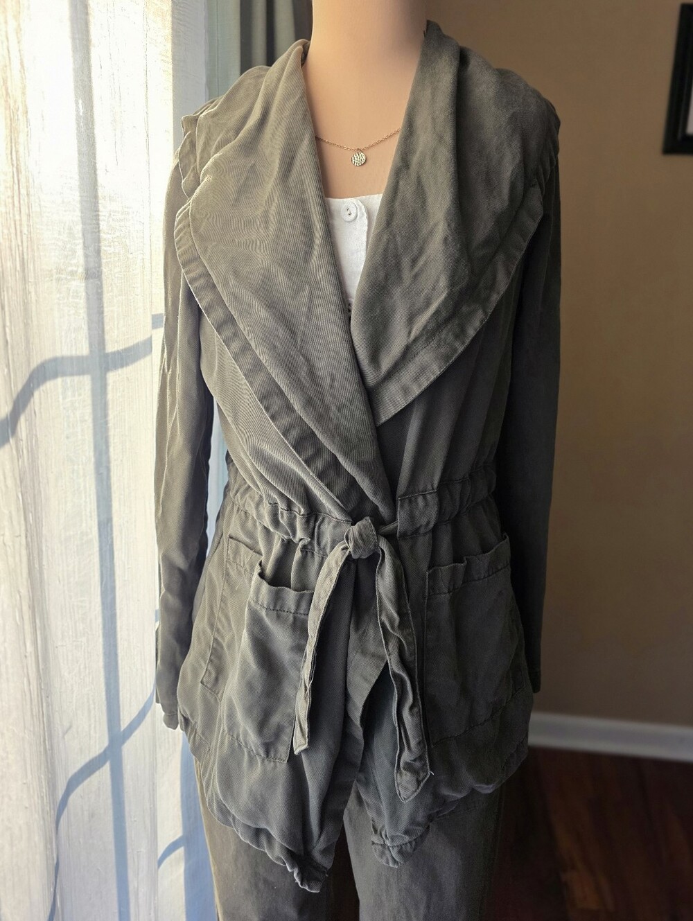 100% Tencel Lyocell Olive Tie Waist Lagenlook Utility Jacket Max Jeans Medium